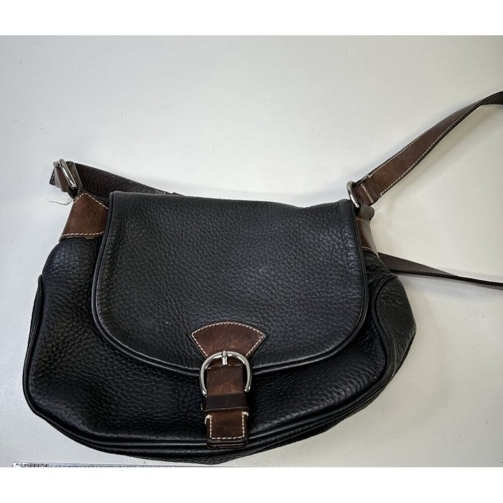Dooney Bourke Black Pebbled Leather Medium Shoulder Crossbody Bag Brown Trim - Picture 2 of 8